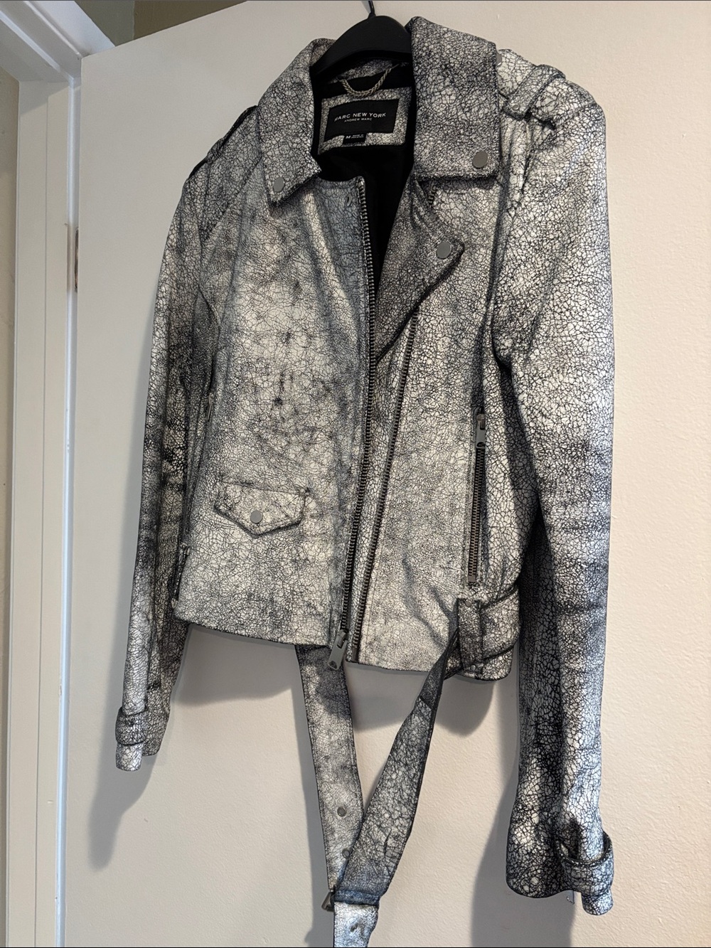 Marc New York Metallic Silver Crackle Moto Jacket